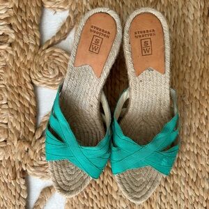 Stubbs & Wooten espadrille wedge mules teal turquoise grosgrain